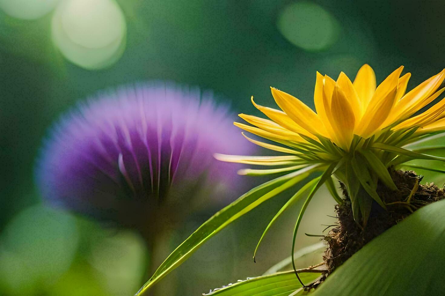 a yellow flower is growing in front of a green plant. AI-Generated photo