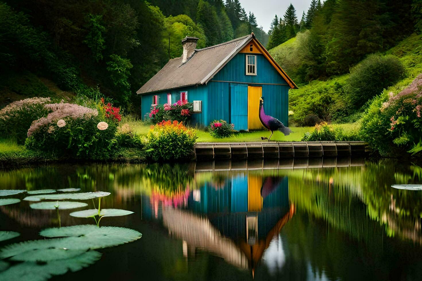 a blue house sits on a pond surrounded by trees. AI-Generated photo