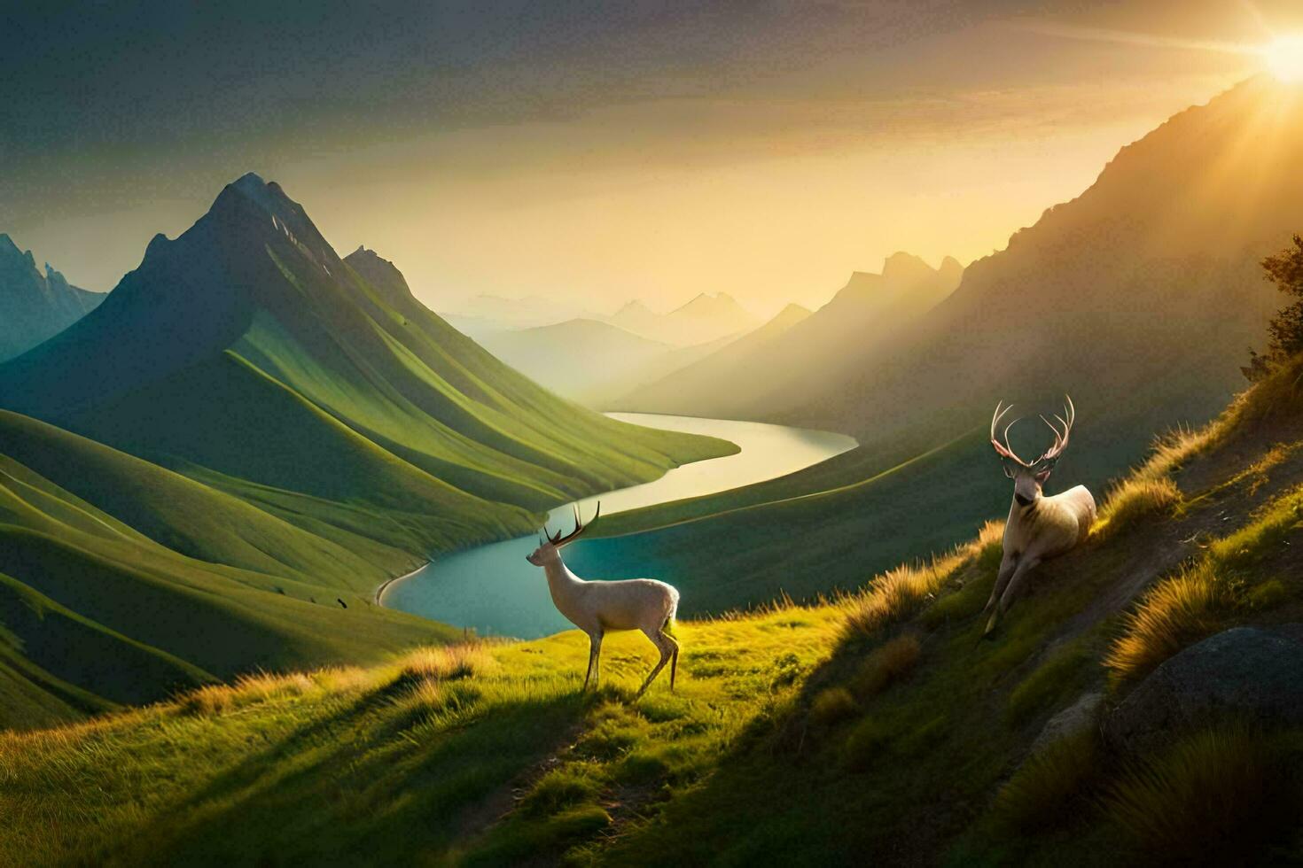 two deer standing on a hill overlooking a river. AI-Generated photo
