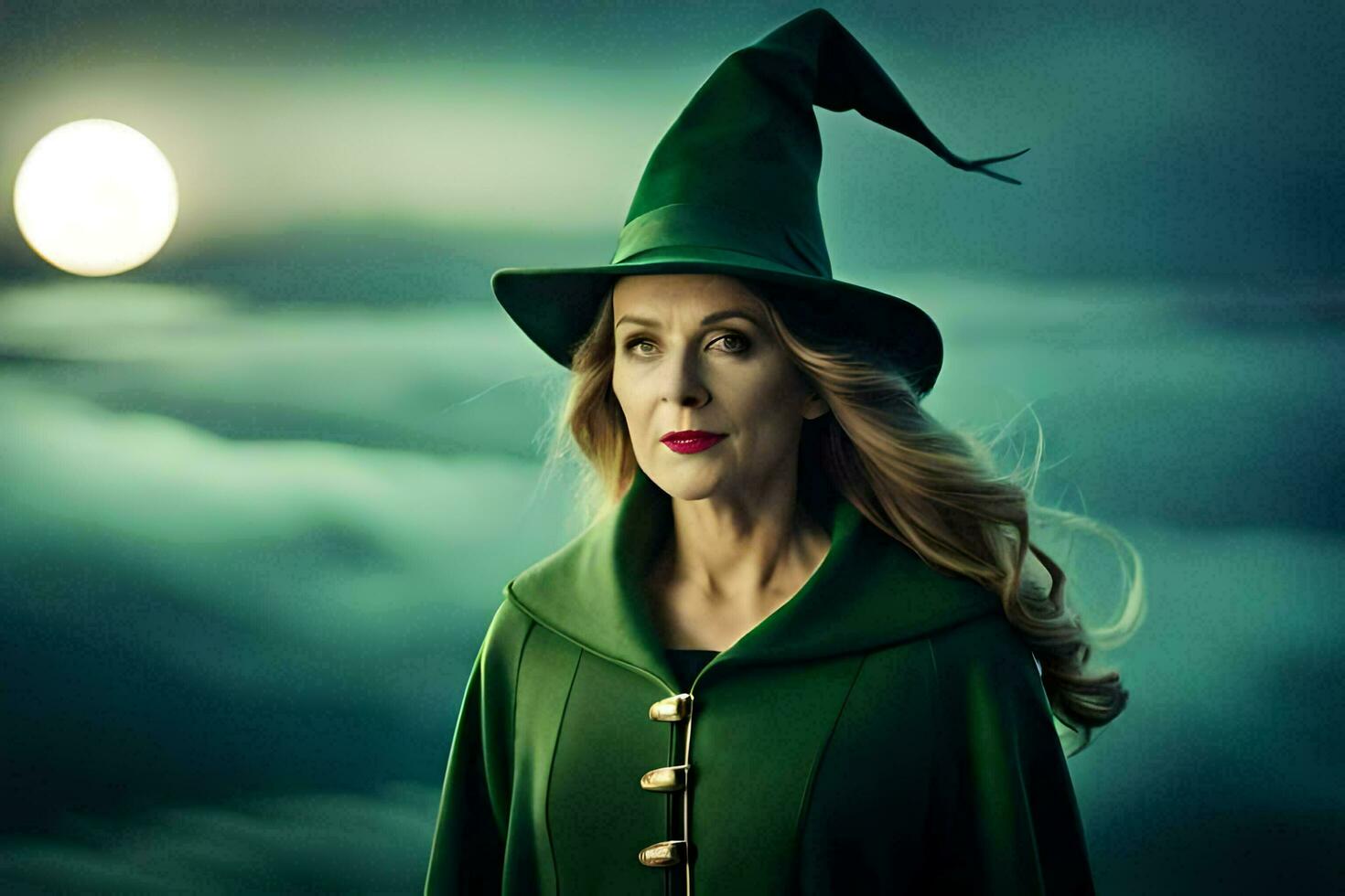 a woman in a green witch hat and cape. AI-Generated photo