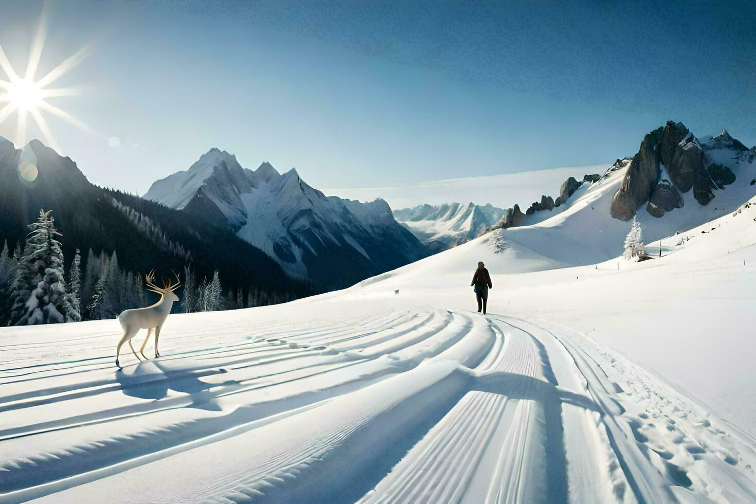 un persona caminando en nieve con un ciervo. generado por ai foto