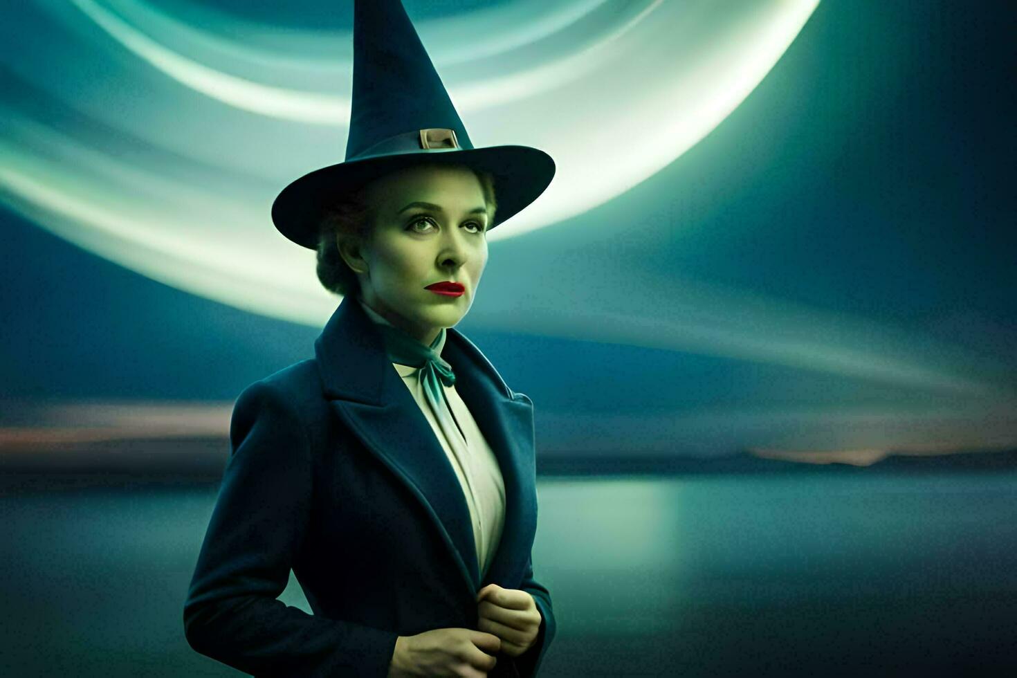 a woman in a witch hat and coat standing in front of a blue background. AI-Generated photo