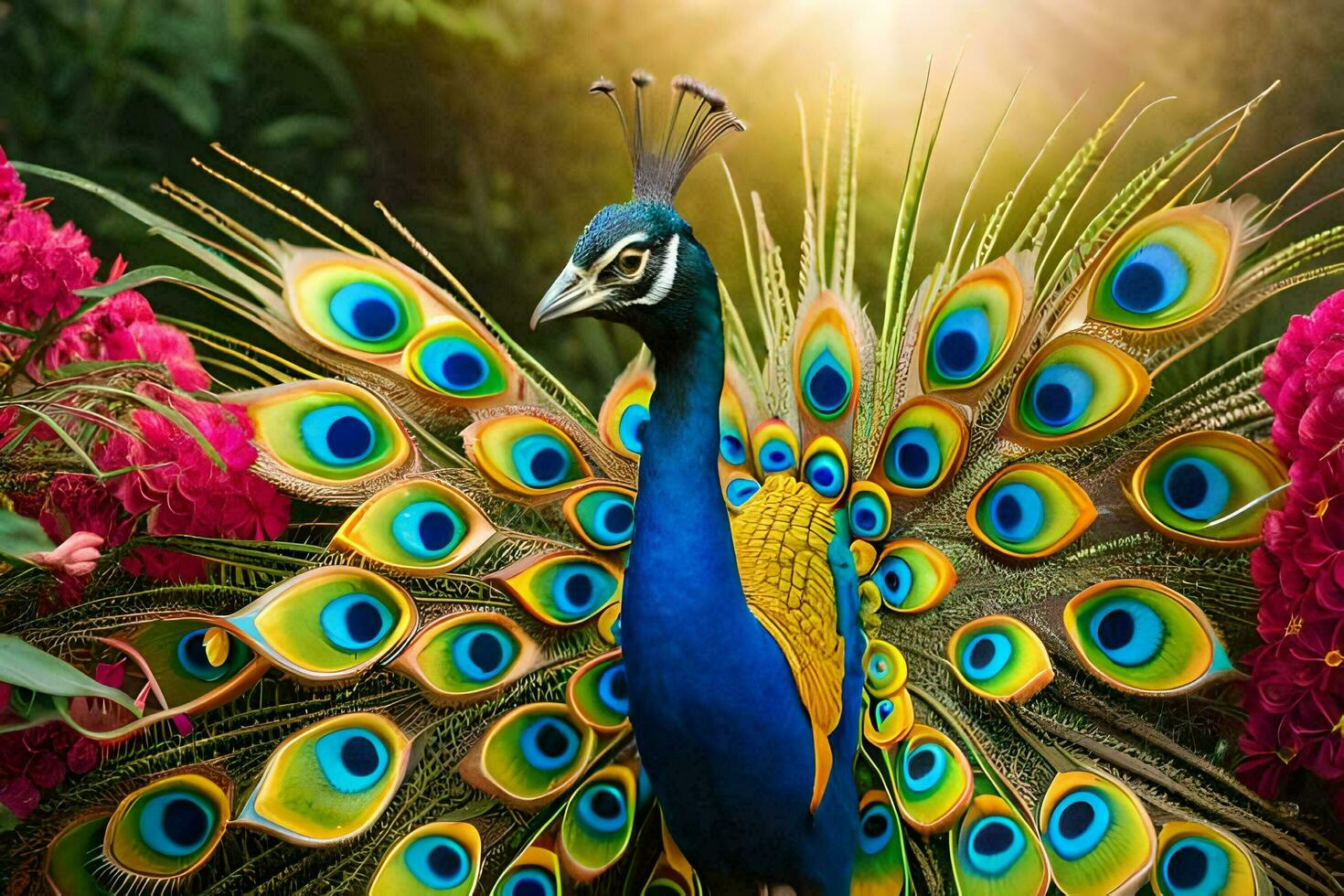 a peacock is standing in front of some flowers. AI-Generated photo