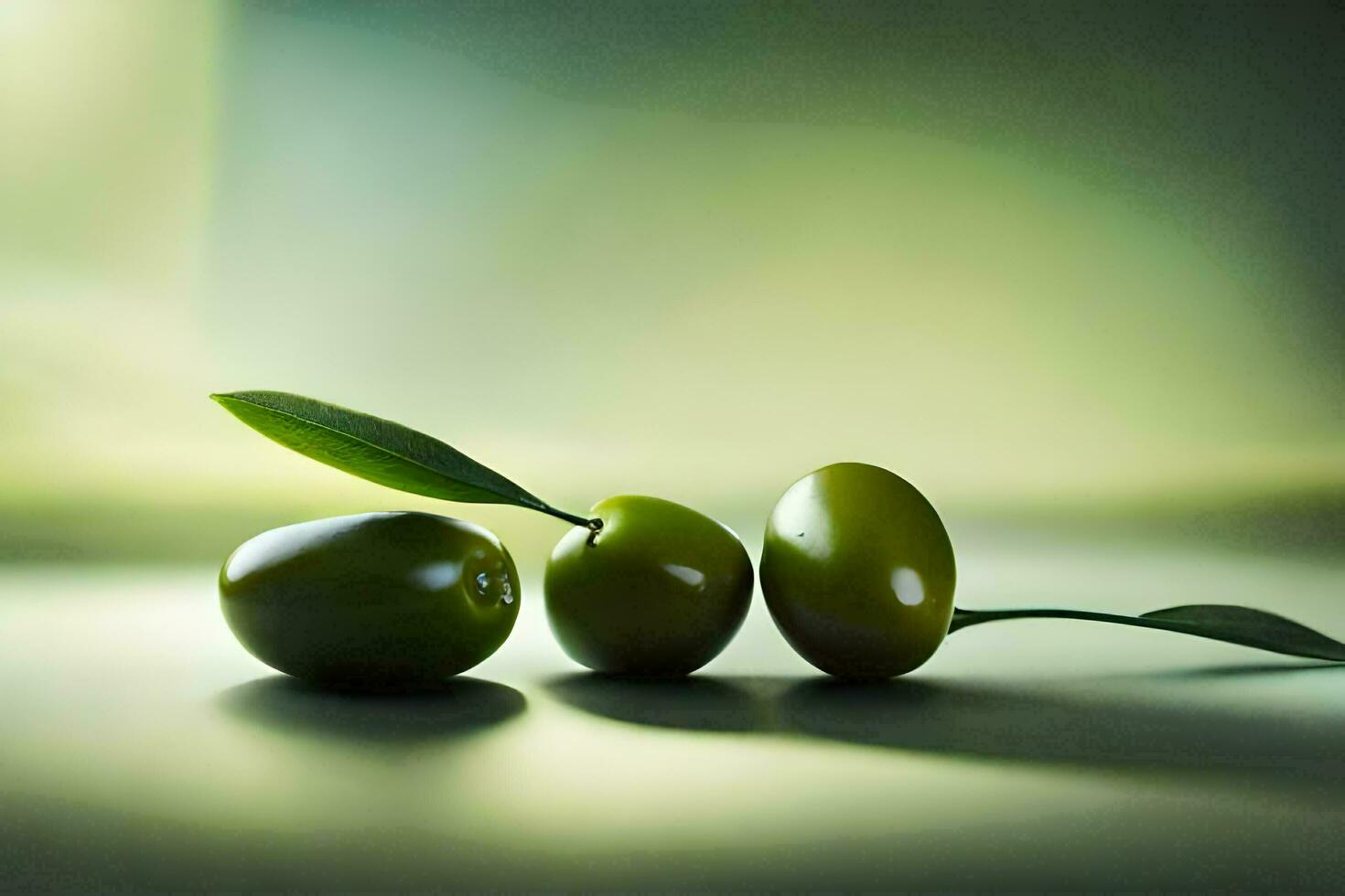 three green olives with leaves on a table. AI-Generated photo