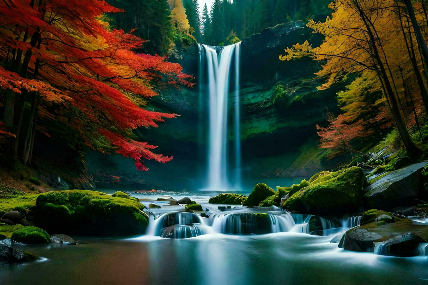 autumn waterfall in the forest with colorful trees. AI-Generated photo