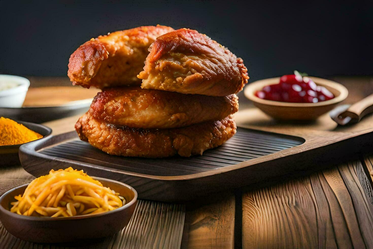 a stack of chicken on a wooden tray. AI-Generated photo