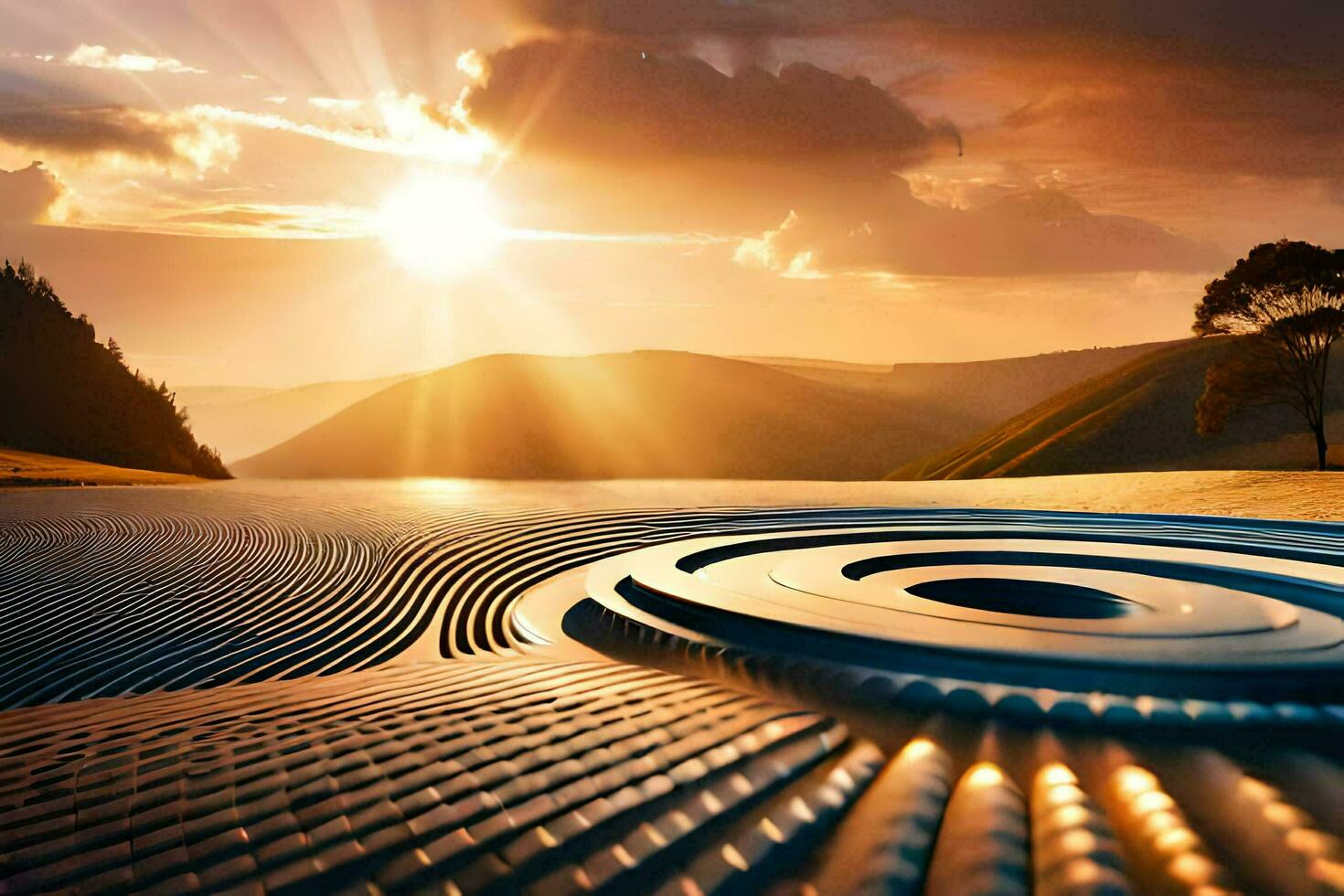 the sun is shining over a circular pattern on the ground. AI-Generated photo