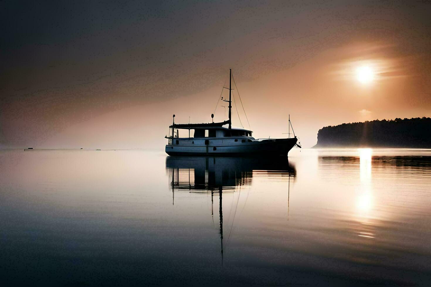 a boat is floating in the water at sunset. AI-Generated photo