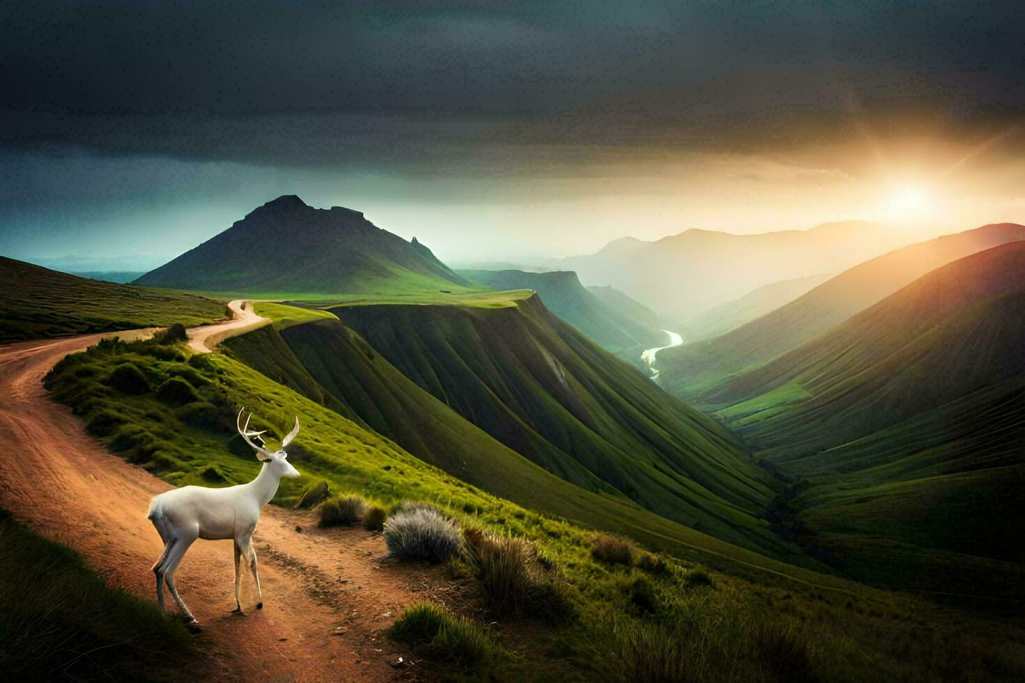 a white deer stands on a dirt road in the middle of a valley. AI-Generated photo