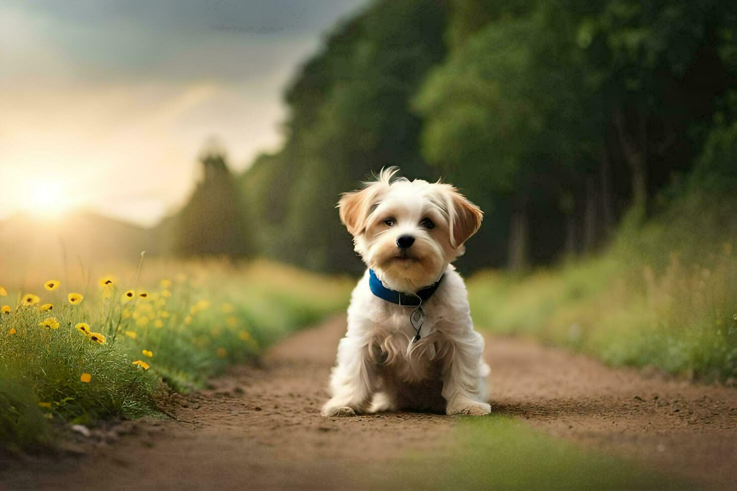 a small dog sitting on a dirt road. AI-Generated photo