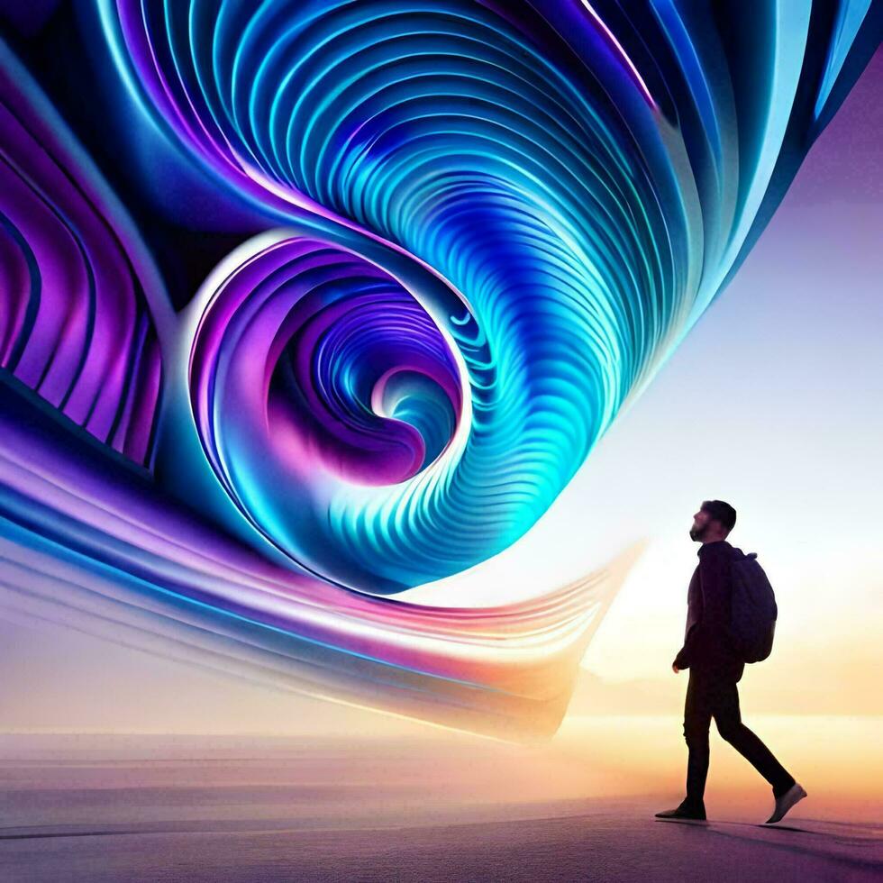 a man walking in front of a colorful swirl. AI-Generated photo