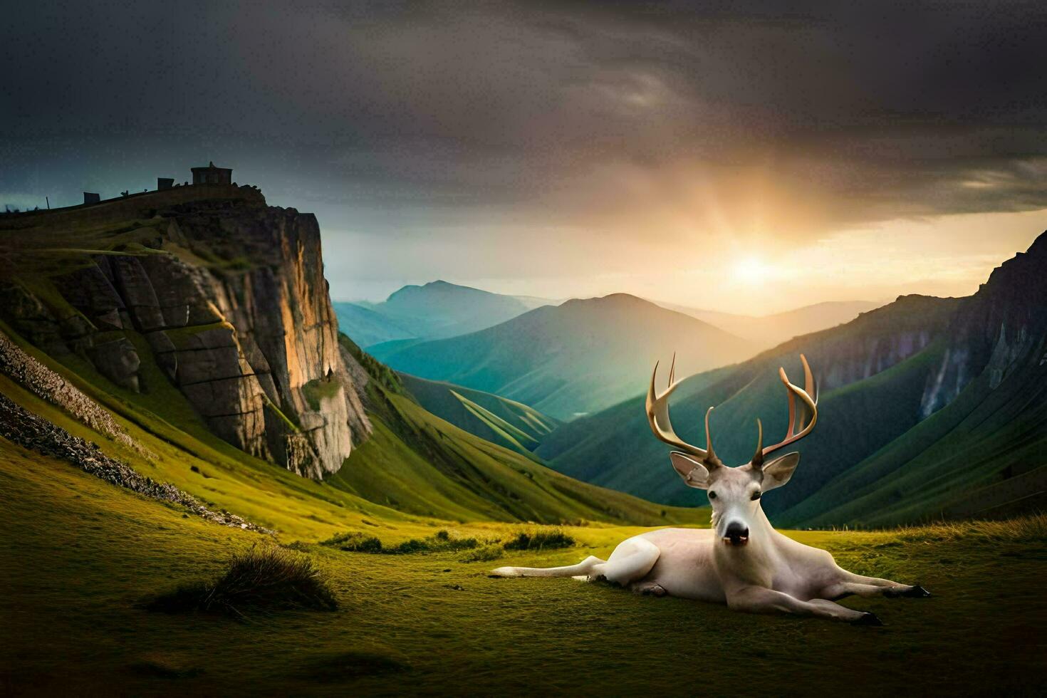 a deer is laying on the grass in front of a mountain. AI-Generated photo