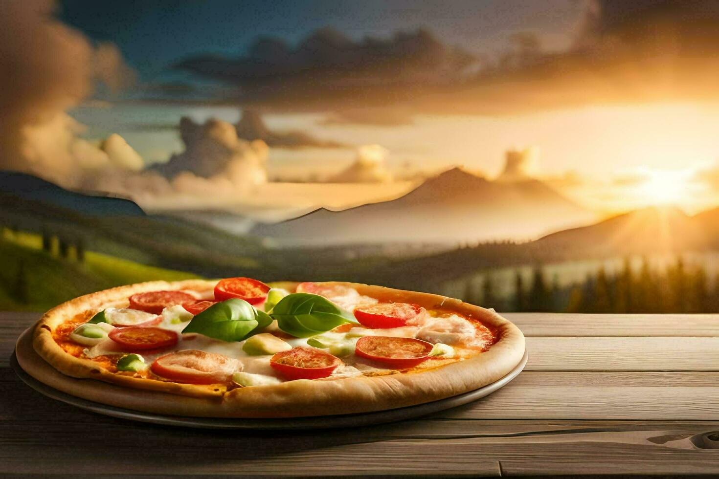 Pizza en el mesa con montañas en el antecedentes. generado por ai foto