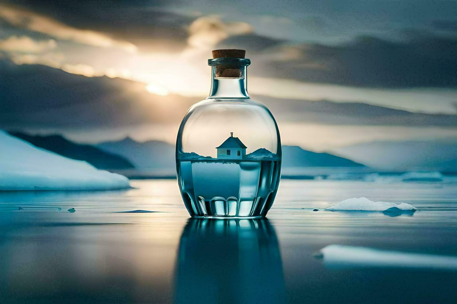 a bottle of water with a house in it on the water. AI-Generated photo