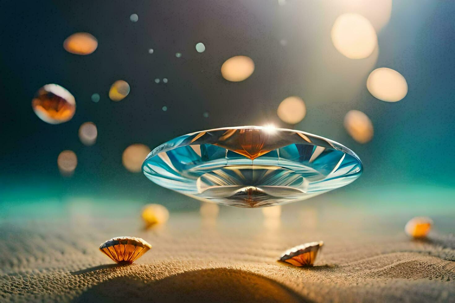 a diamond floating in the air with shells. AI-Generated photo