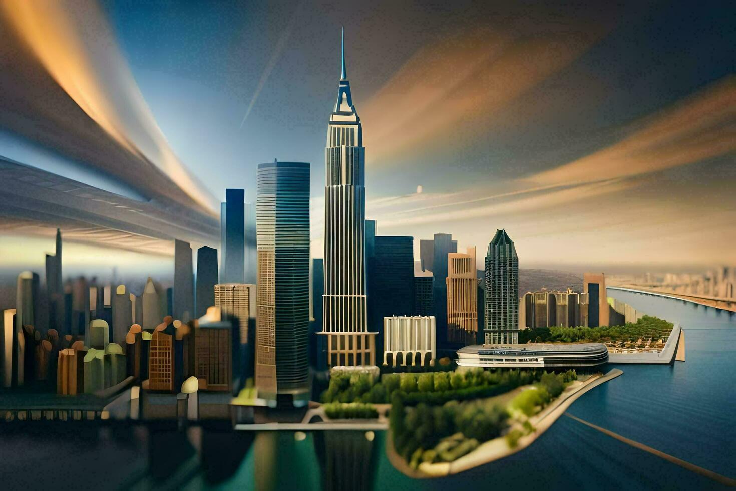 a city skyline with a river and water. AI-Generated photo