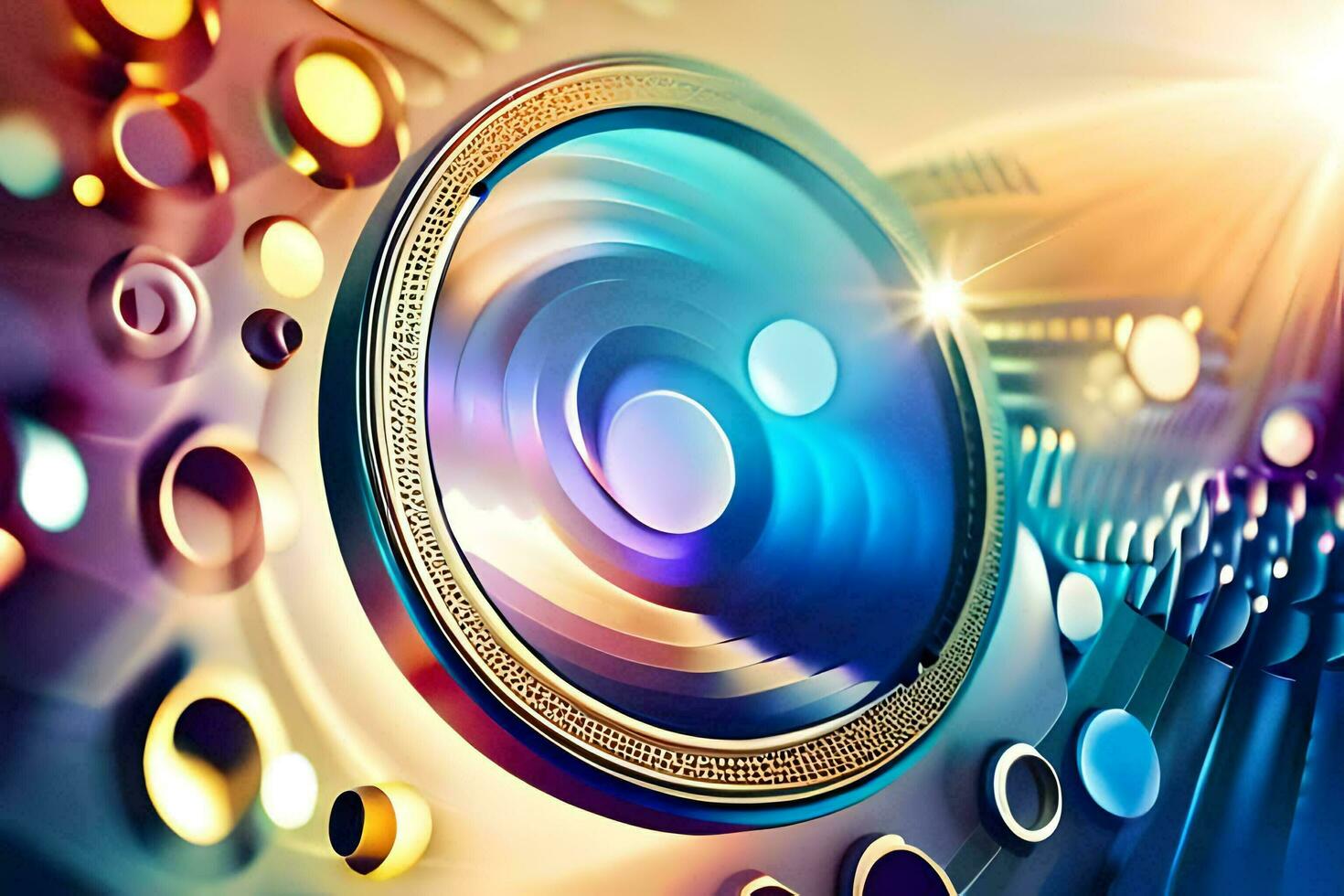 a camera lens is in the center of a colorful background. AI-Generated photo