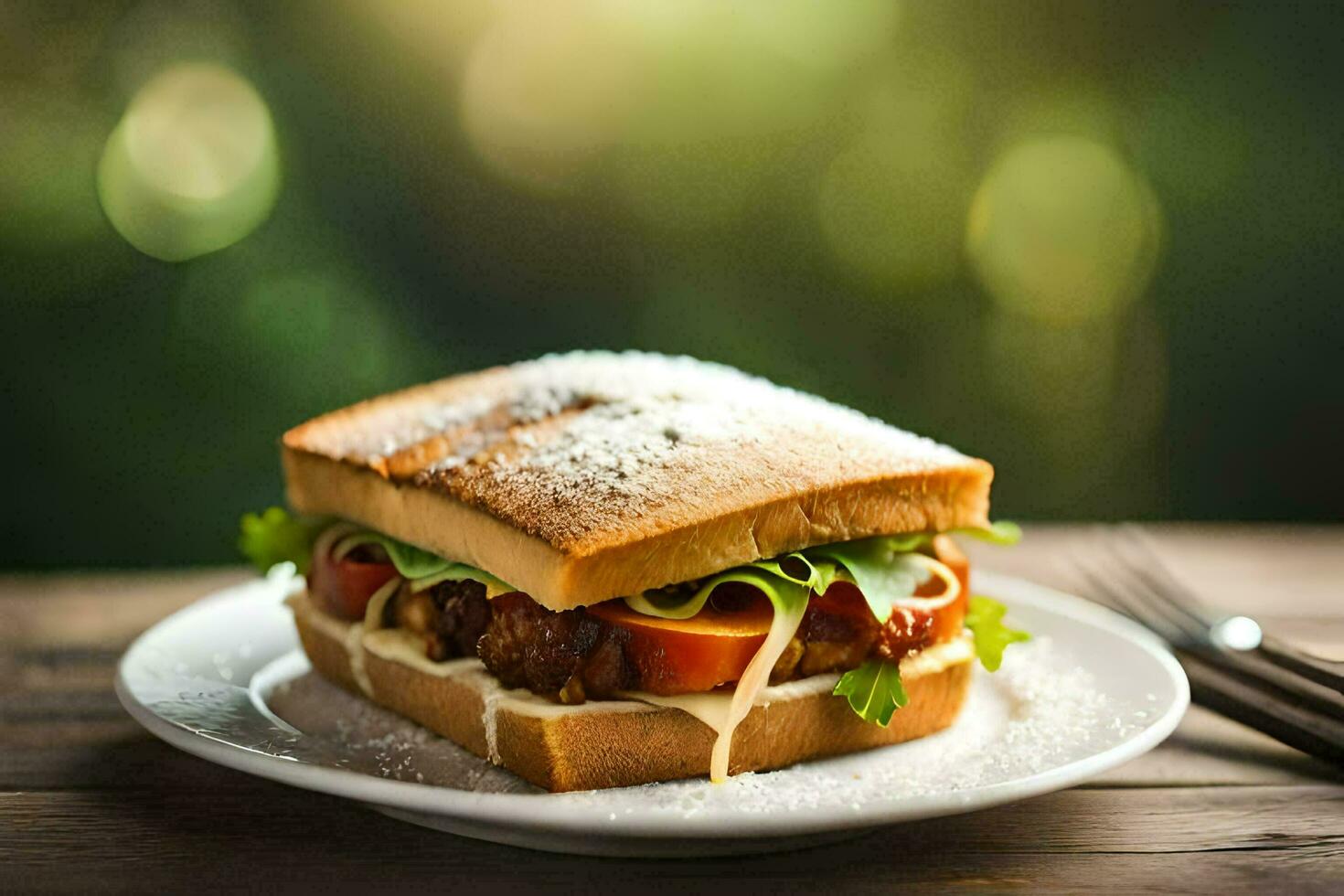 un emparedado con queso, Tomates y lechuga en un blanco lámina. generado por ai foto