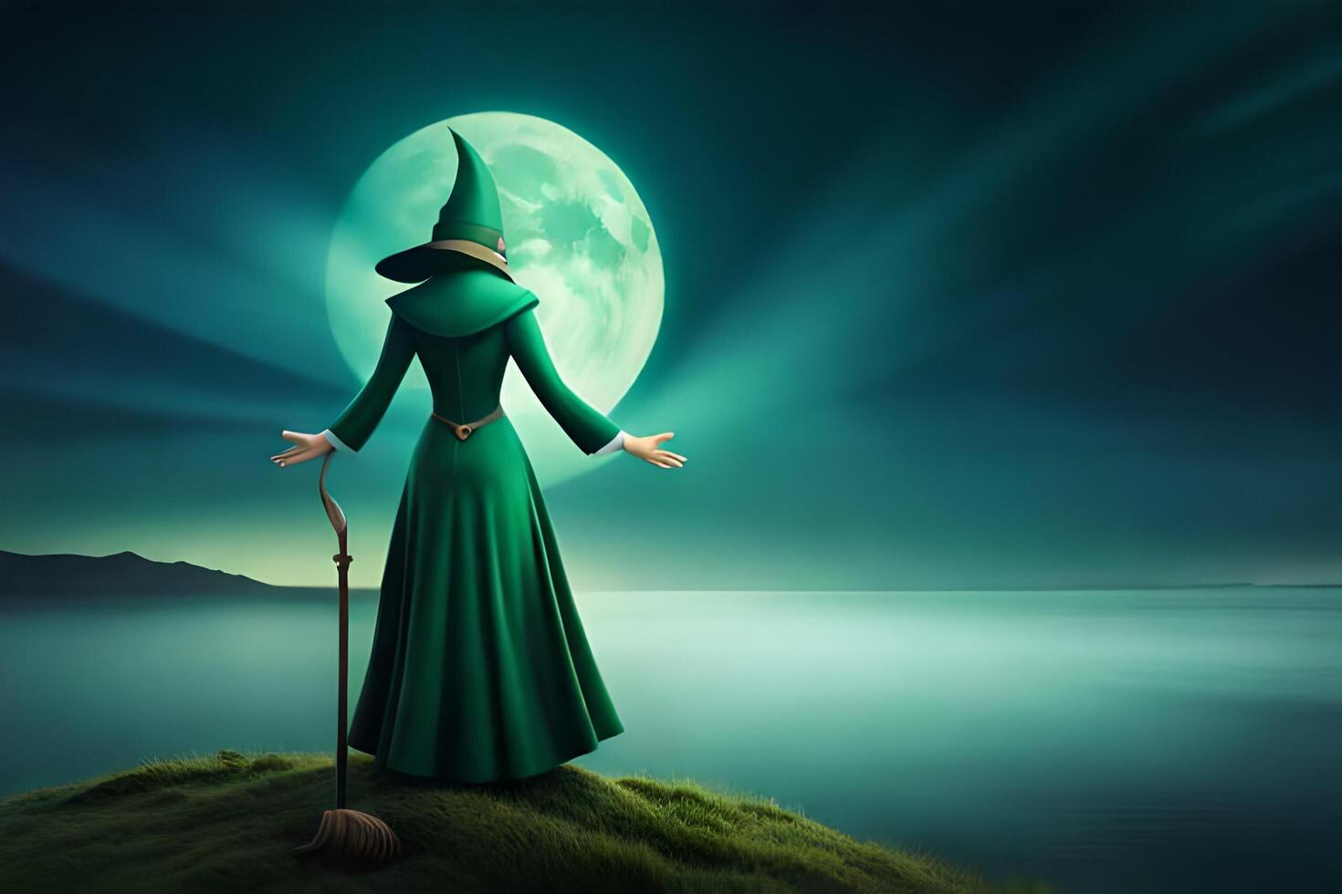 the witch is standing on a hill with a full moon in the background. AI-Generated photo