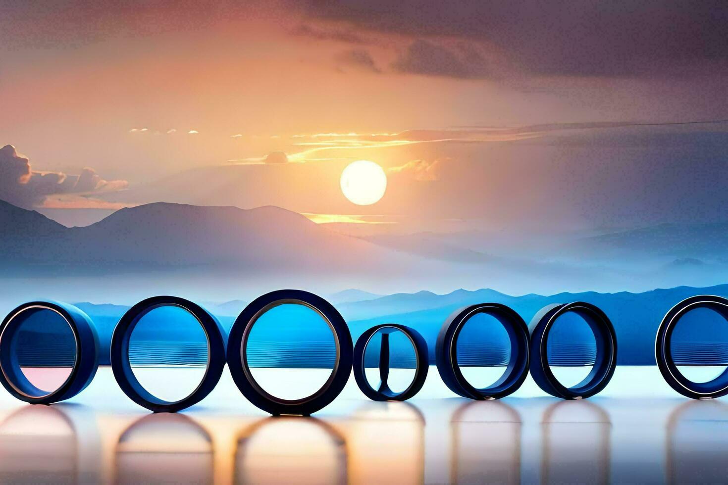 a group of circular rings are arranged in front of a sunset. AI-Generated photo