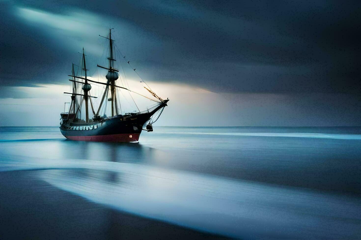 a sailing ship in the ocean under a stormy sky. AI-Generated photo
