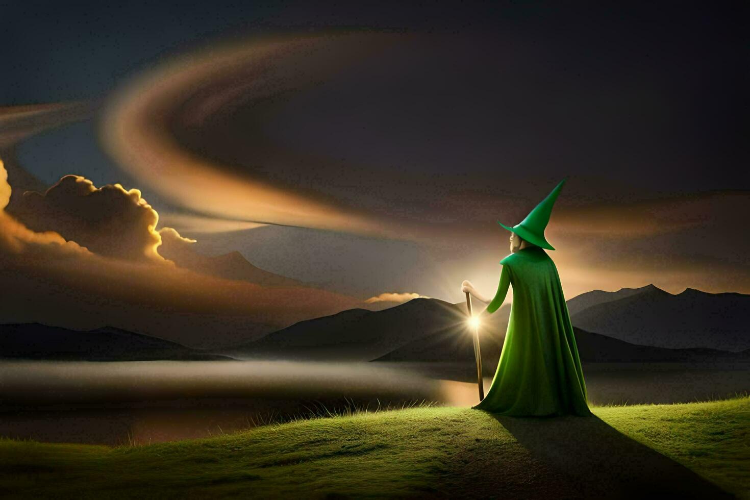 a wizard in green robes stands on a hill overlooking a lake. AI-Generated photo