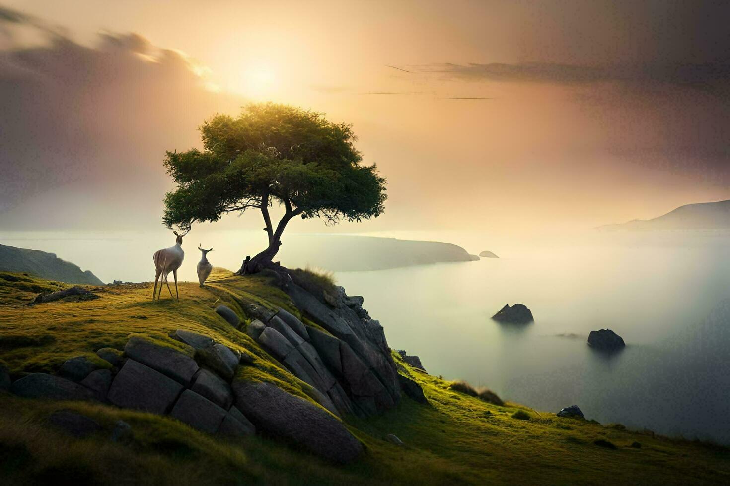 photo wallpaper the sky, the sea, the tree, the deer, the sunset, the deer. AI-Generated