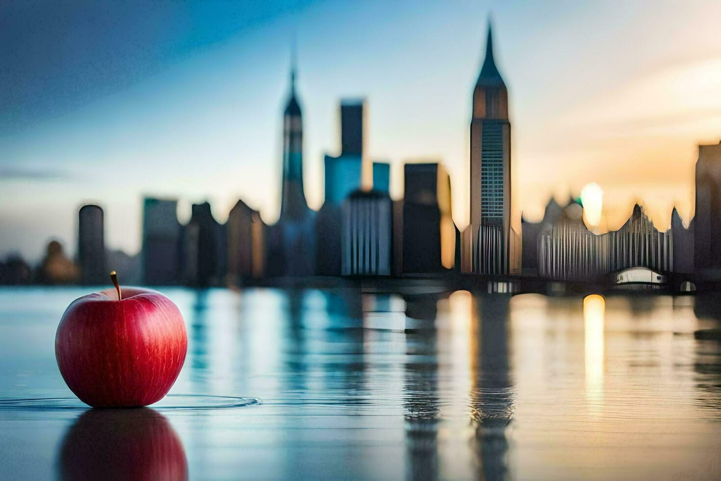 an apple sits on the water in front of a city skyline. AI-Generated photo