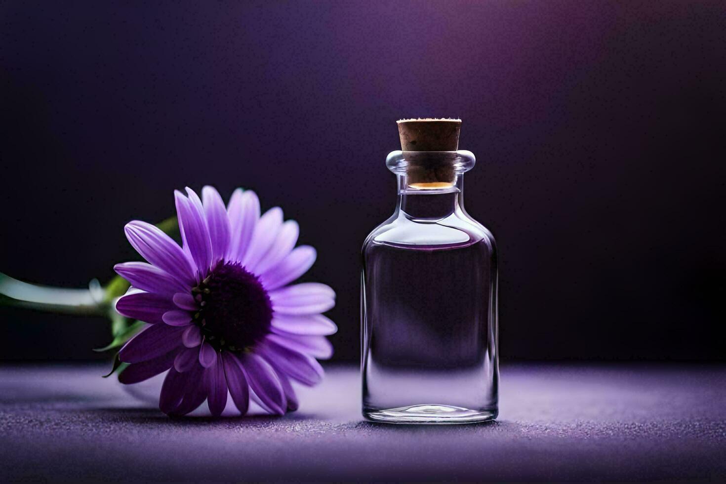 a bottle of essential oil and purple flower on a dark background. AI-Generated photo