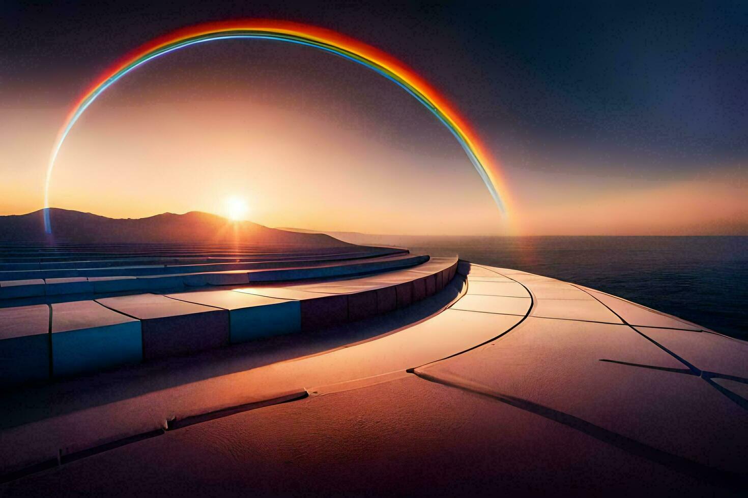 a rainbow is seen in the sky over a large building. AI-Generated photo