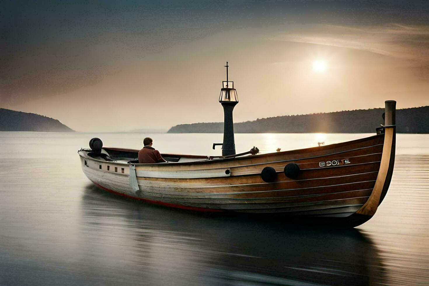 a man is sitting in a boat on the water. AI-Generated photo