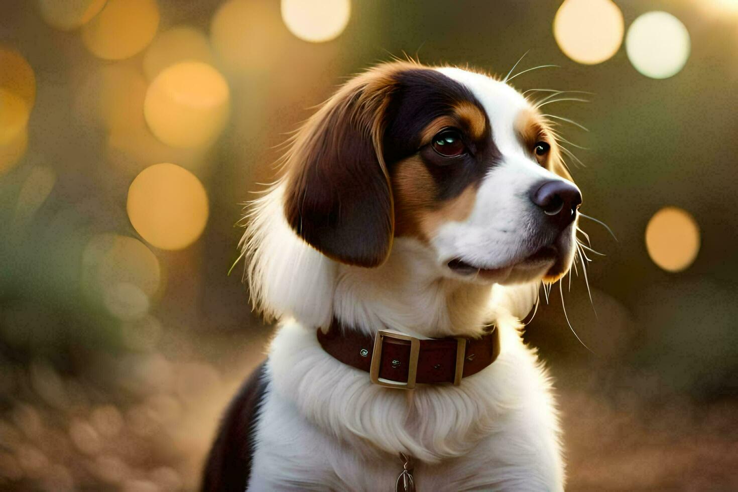 a dog wearing a collar and standing in front of a blurry background. AI-Generated photo