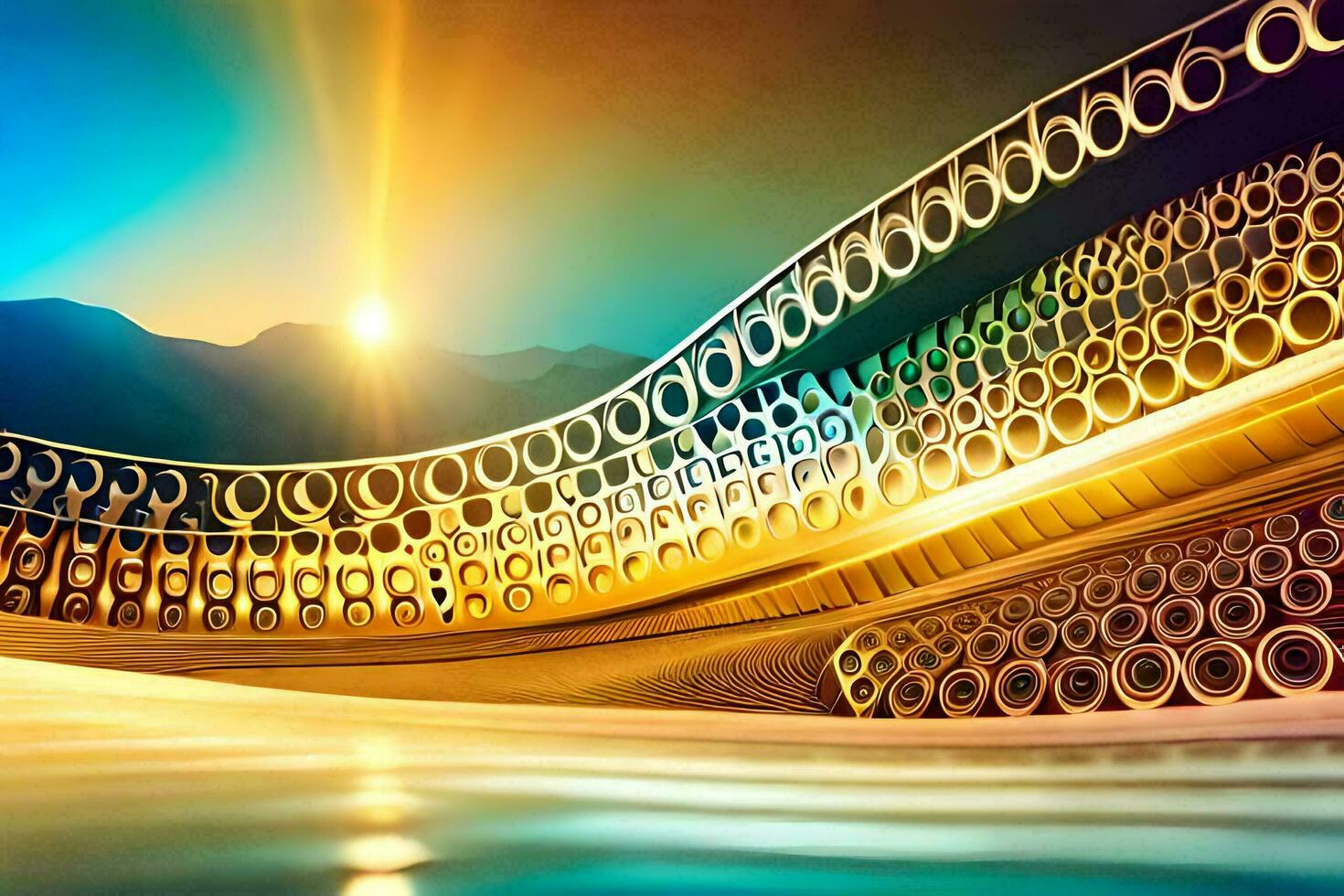 a bridge with many pipes and a sun shining. AI-Generated photo