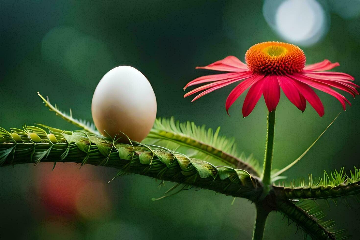 a white egg sitting on top of a flower. AI-Generated photo
