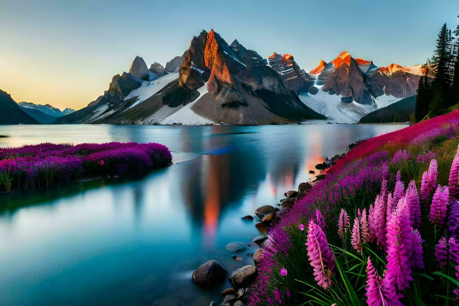 the mountains are reflected in the water and purple flowers are growing on the shore. AI-Generated photo