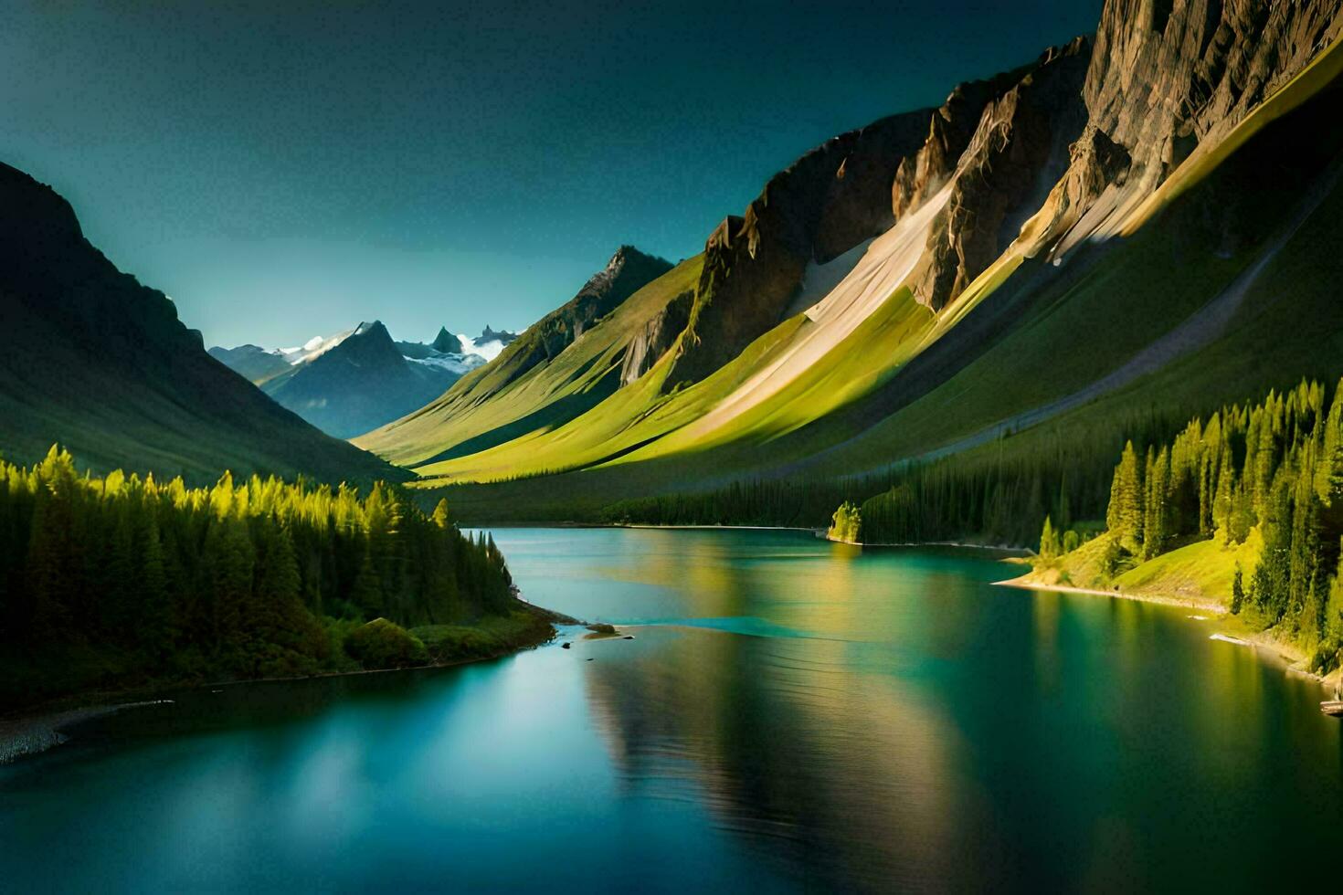 a beautiful mountain lake surrounded by trees and mountains. AI-Generated photo