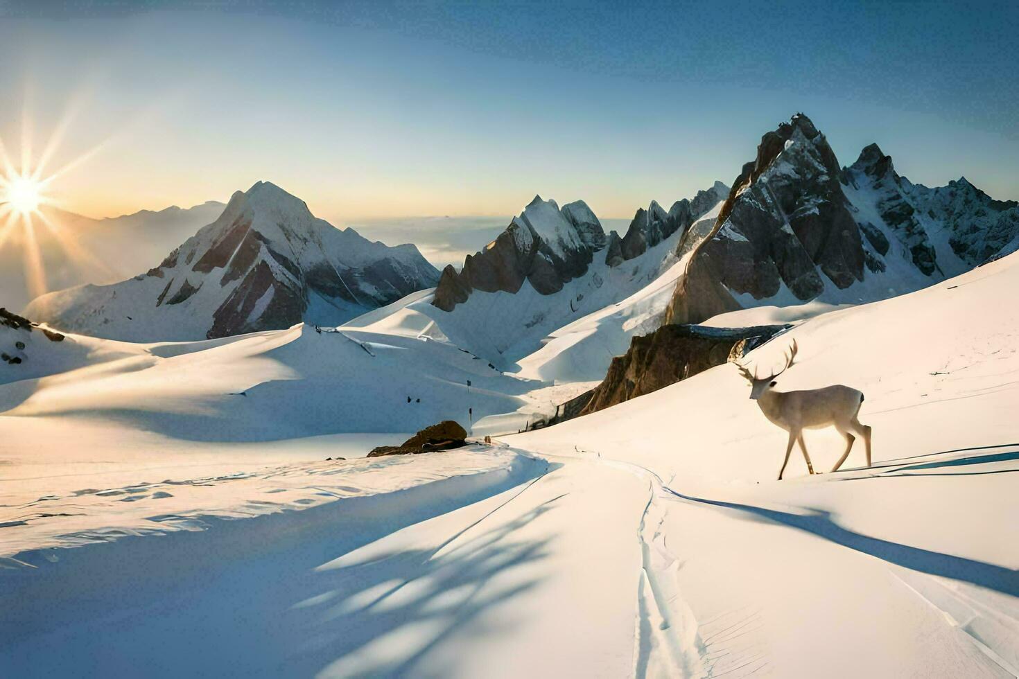 a deer stands on the snow covered mountains in the sun. AI-Generated photo