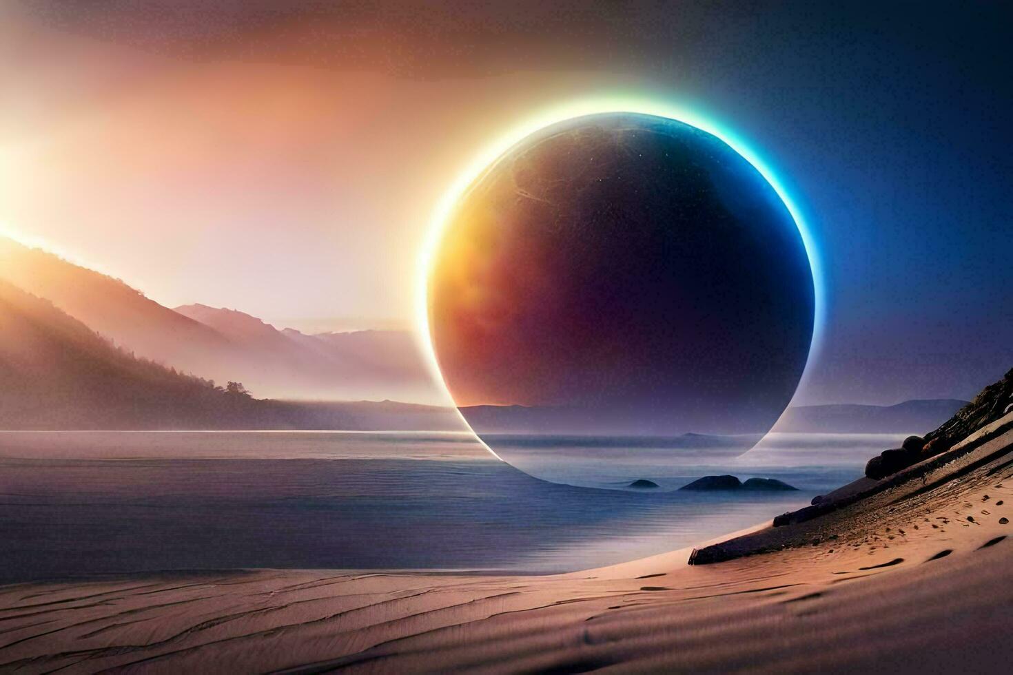 an alien planet with a sun rising over it. AI-Generated photo