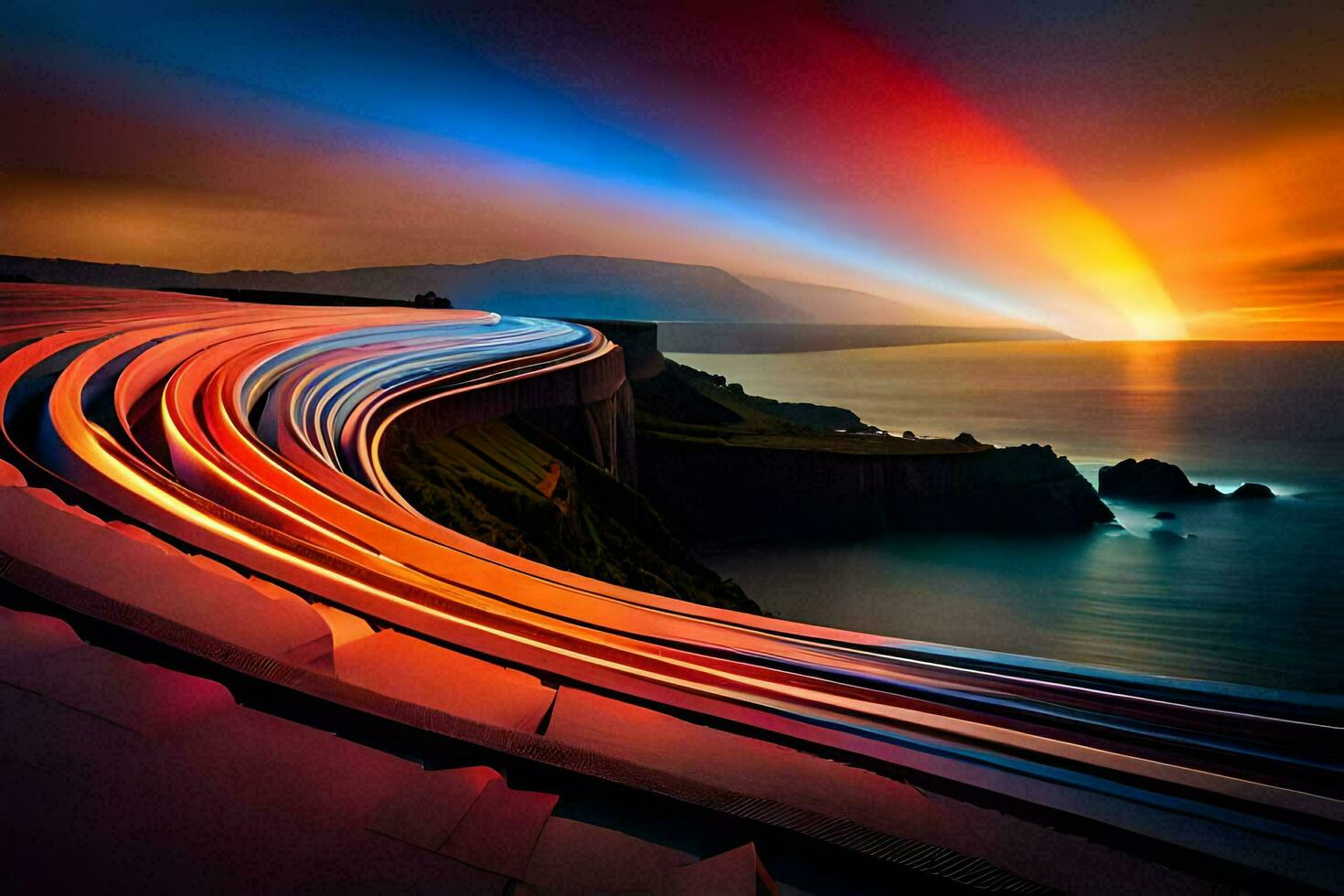 a long exposure photograph of a rainbow over the ocean. AI-Generated photo