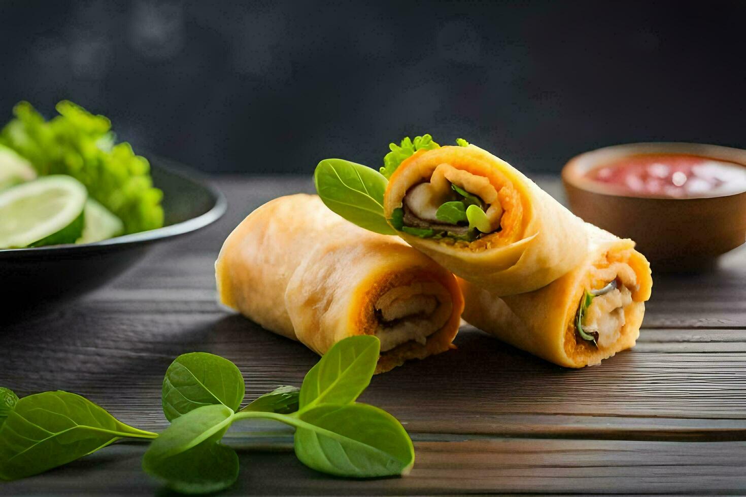 chicken spring rolls with vegetables on a wooden table. AI-Generated photo