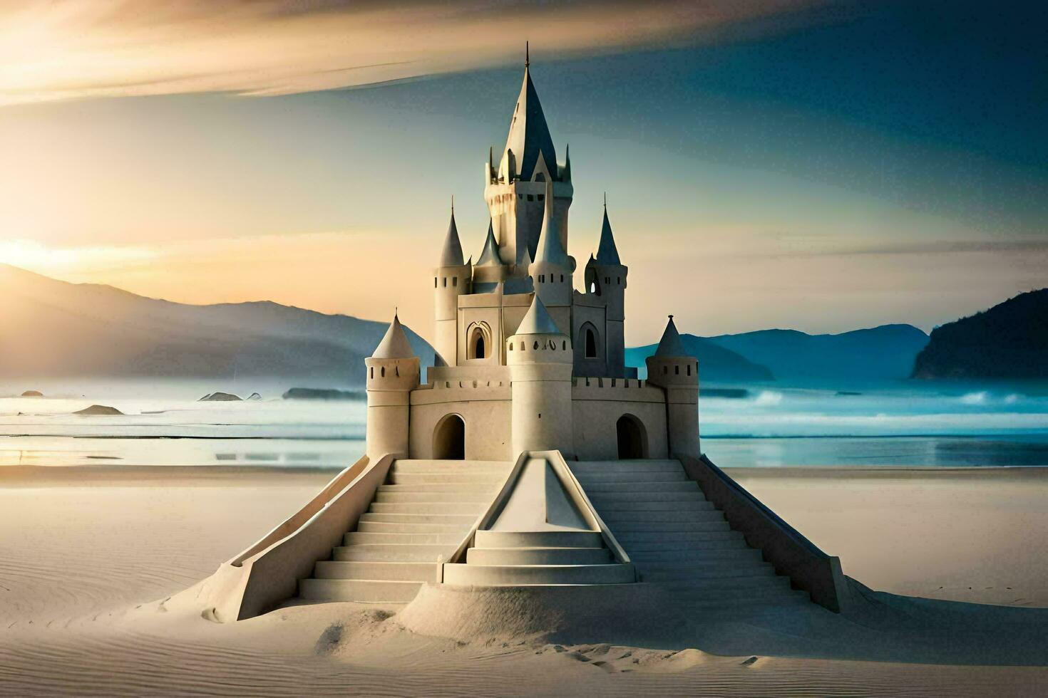 a sand castle on the beach with a sun setting behind it. AI-Generated photo