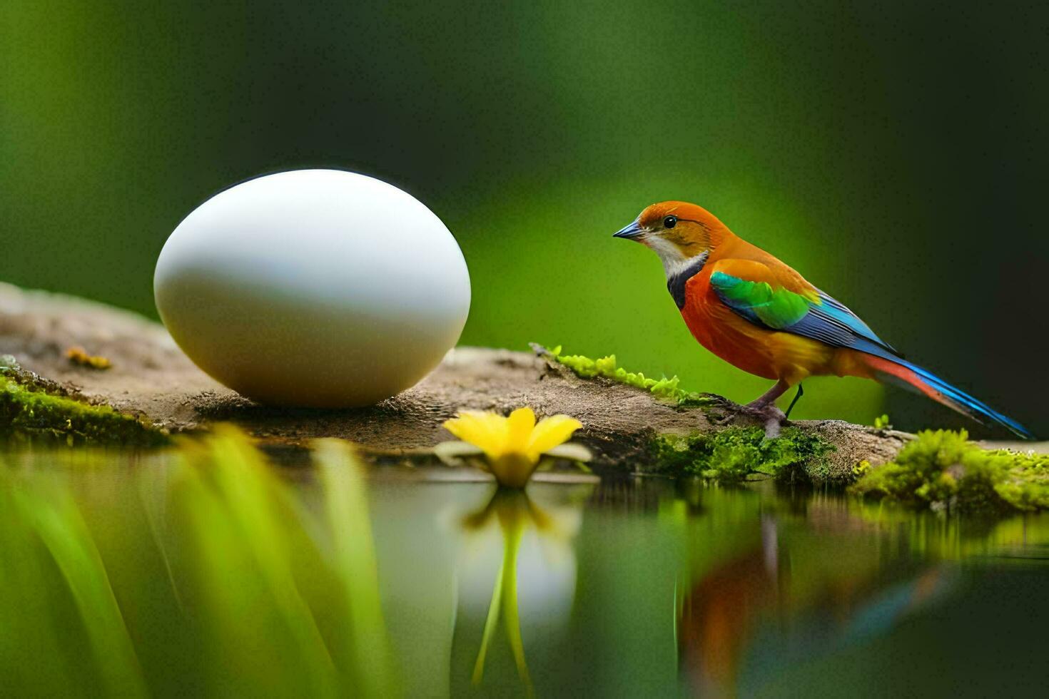 a bird and an egg in the forest. AI-Generated photo