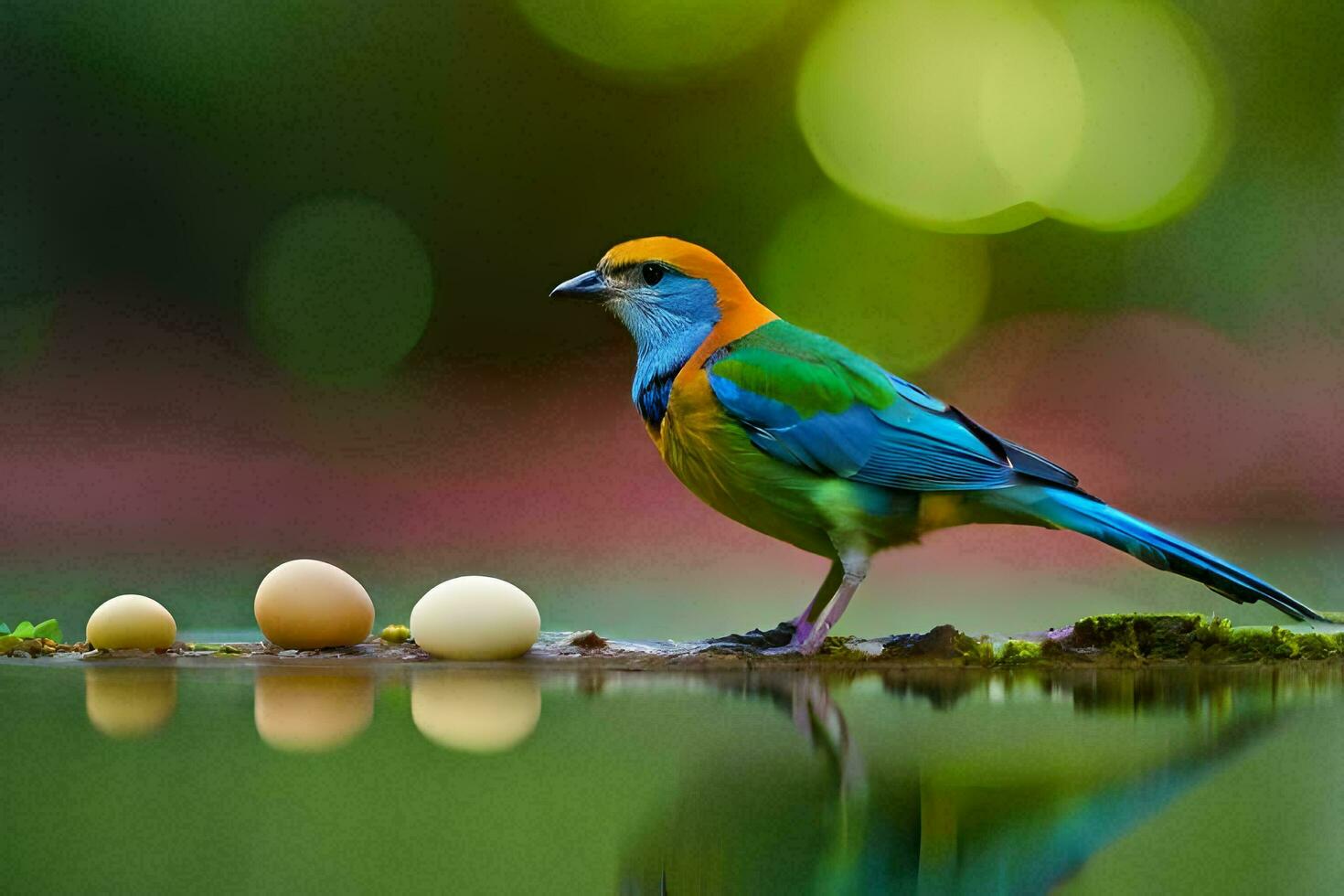 a colorful bird is standing on the water with eggs. AI-Generated photo