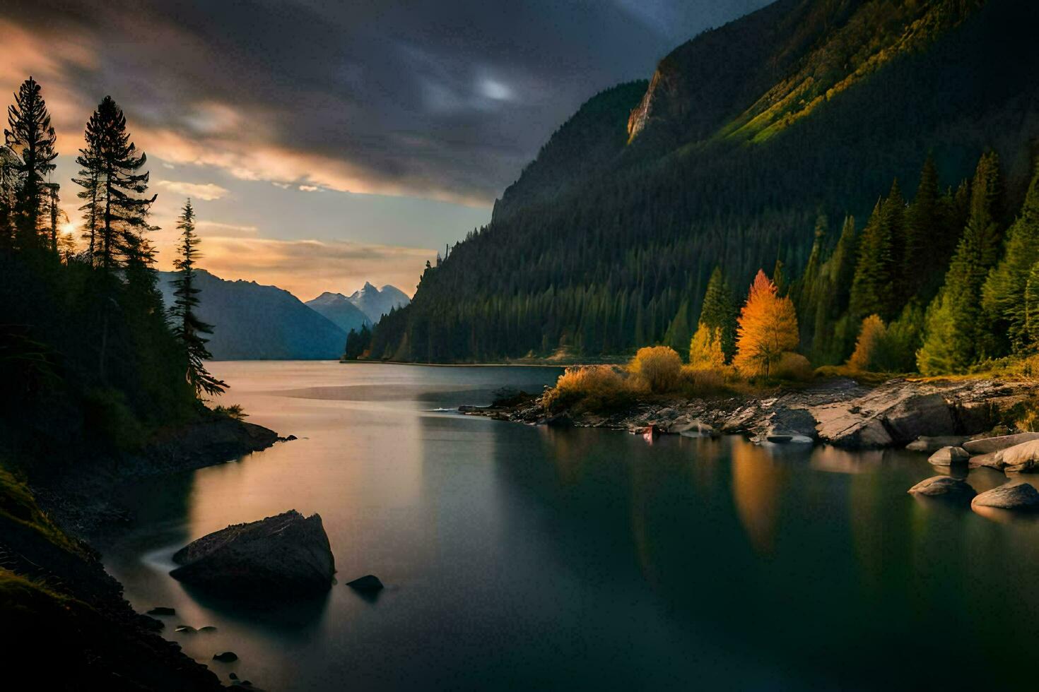a beautiful sunset over a lake and mountains. AI-Generated photo