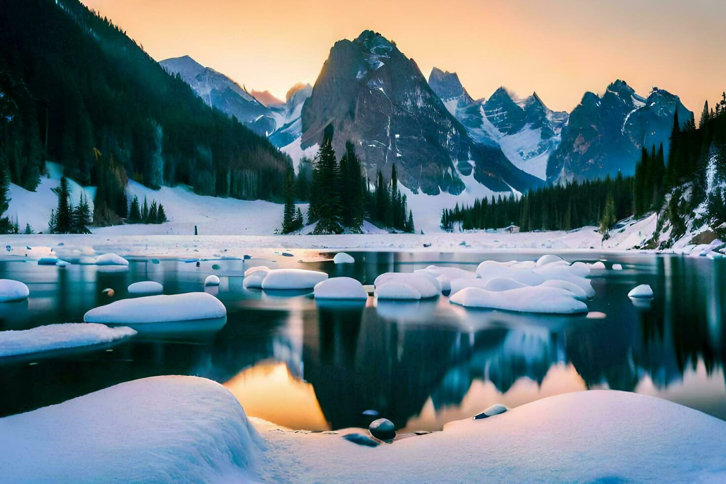 nieve cubierto montañas y hielo en el agua a puesta de sol. generado por ai foto