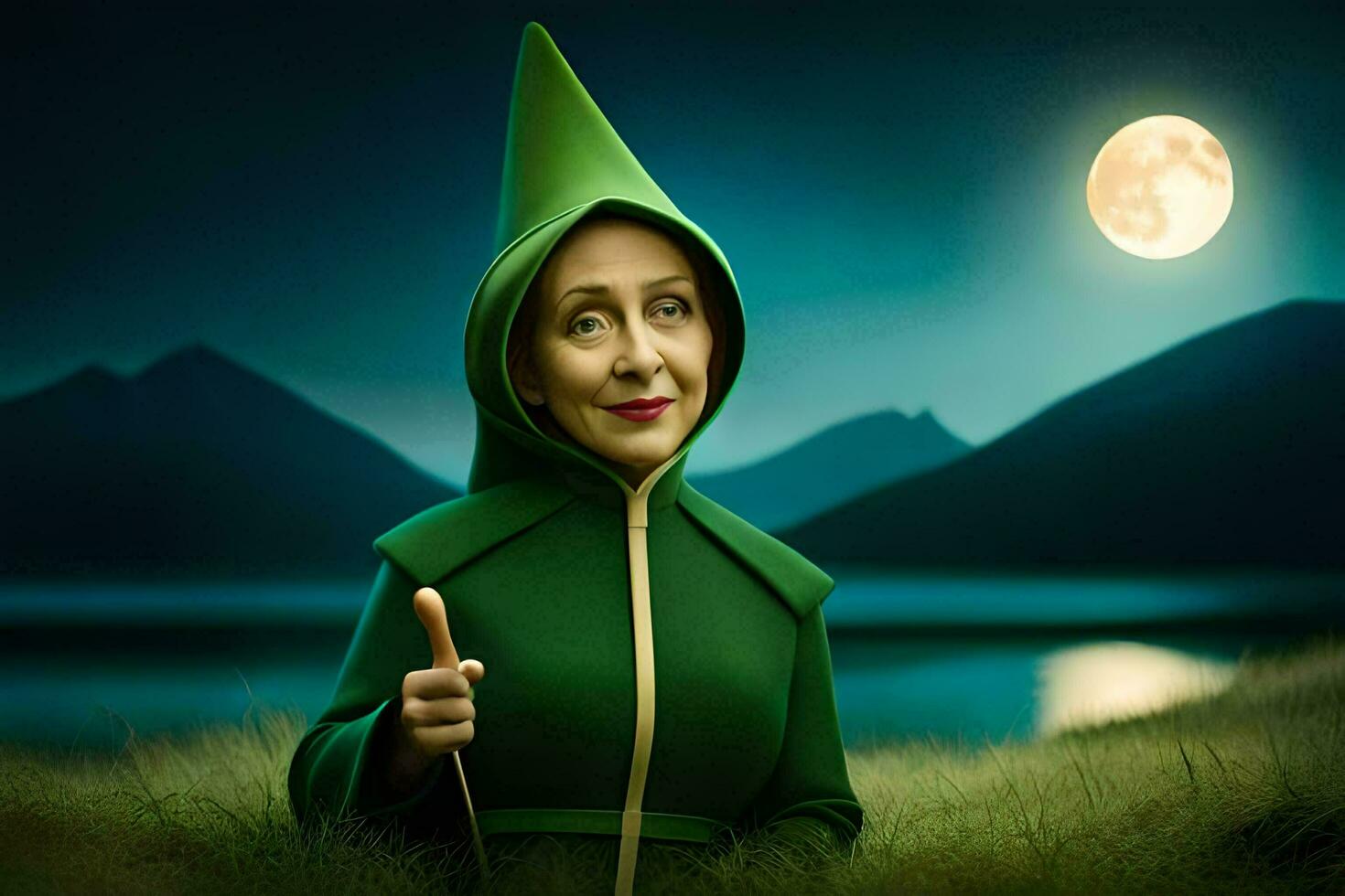 un mujer en un verde disfraz participación un palo. generado por ai foto