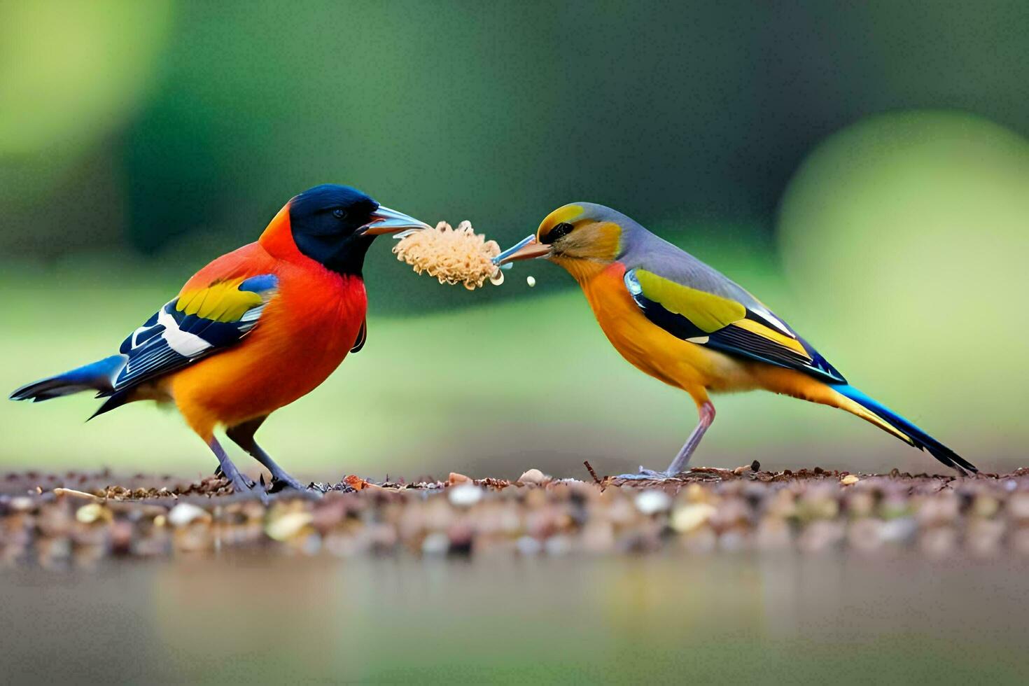 two colorful birds eating food on the ground. AI-Generated photo