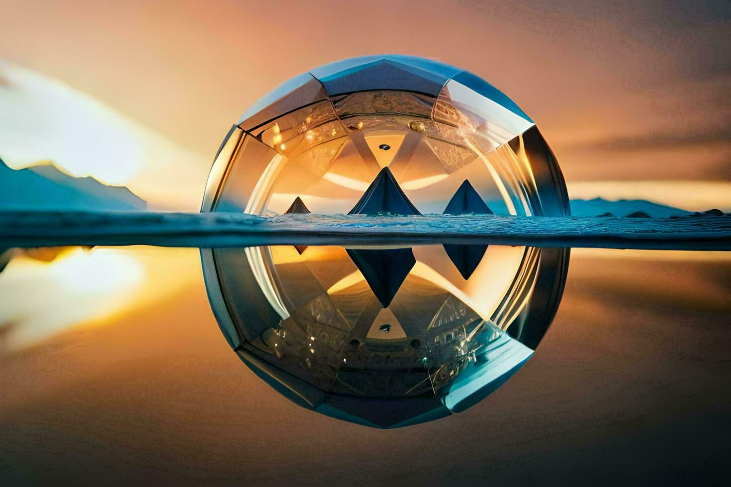 a diamond ball with a reflection of mountains in the water. AI-Generated photo