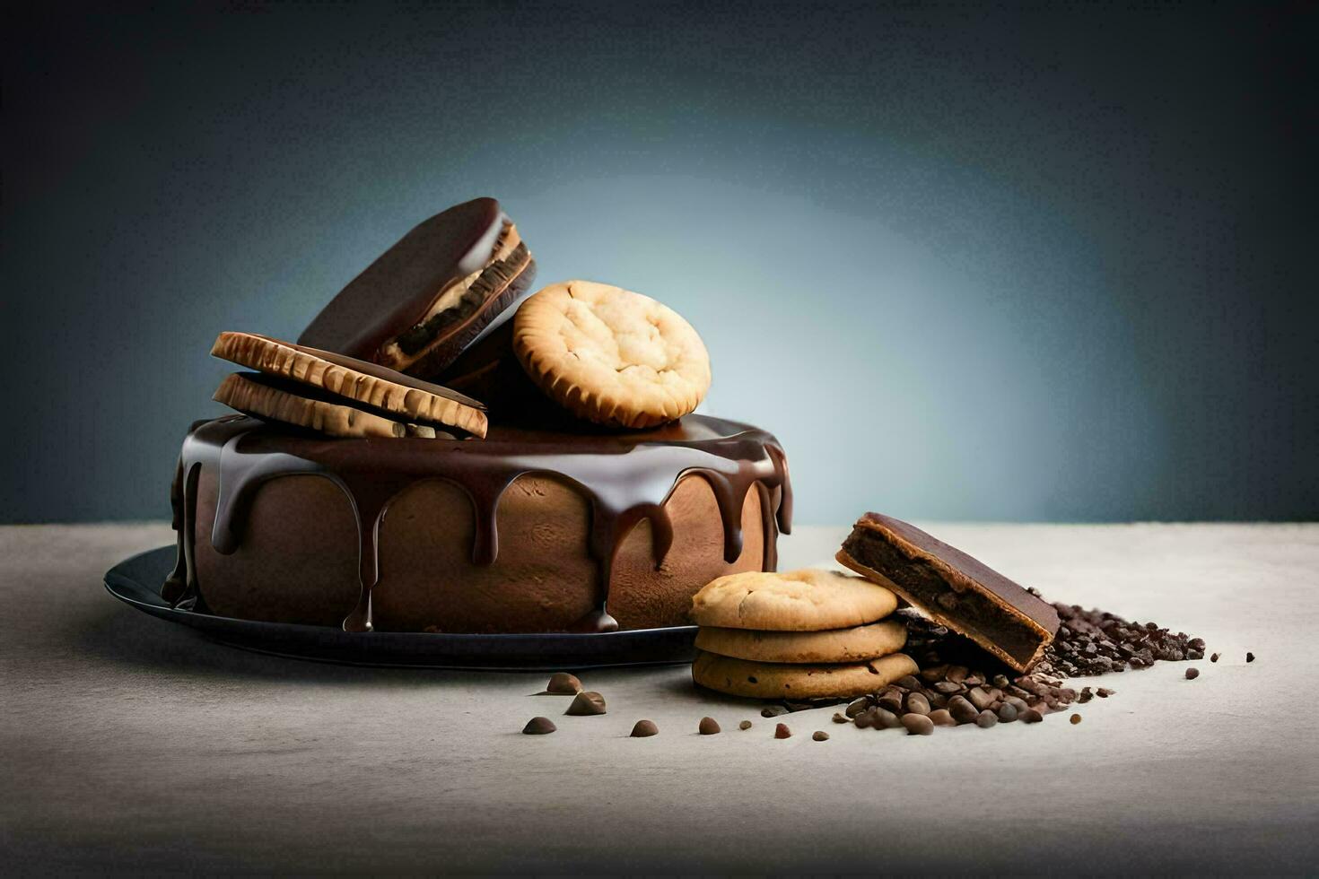 chocolate cake with cookies and chocolate drizzle on a dark background. AI-Generated photo