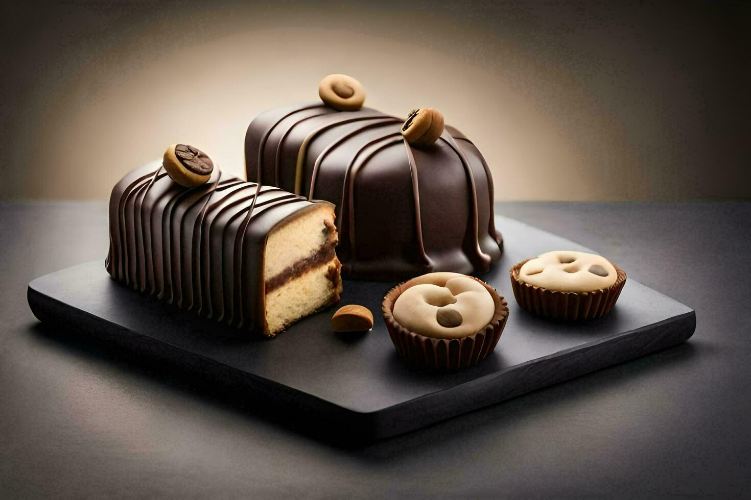 chocolate cake with chocolate chips and nuts on a black plate. AI-Generated photo